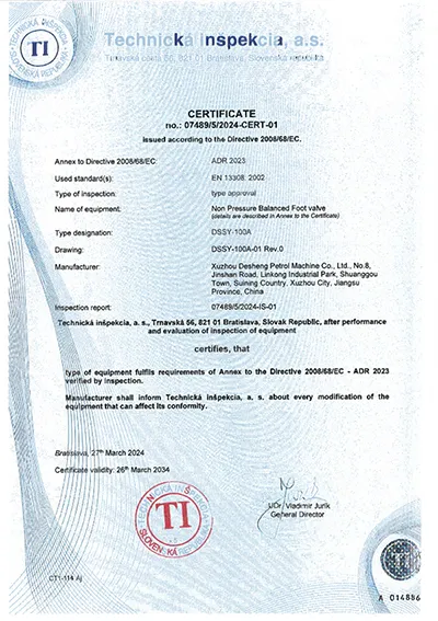 Sertifikasi ADR (Non Pressure Balanced Foot valve) 
